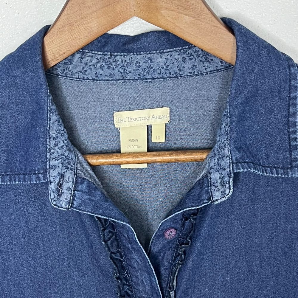 The Territory Ahead 10 Shirt Dress Chambray Vintage Ruffle Front Button Western - Picture 11 of 13